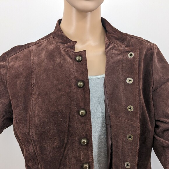 Vintage y2k Live a Little Suede Military Jacket Brown Button Front Leather L - Picture 6 of 13